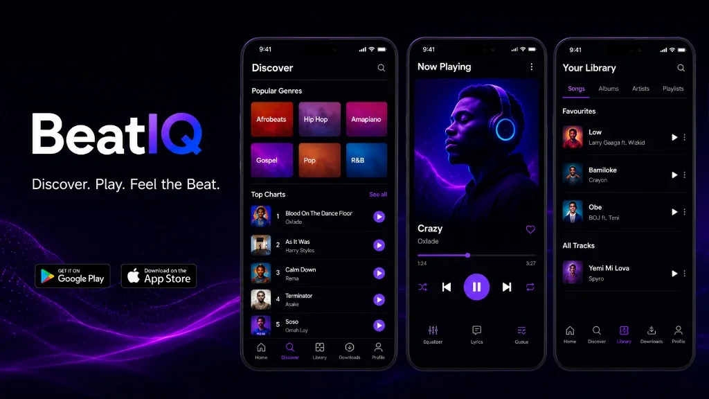 BeatIQ promotional banner showing Discover, Now Playing and Library experiences across mobile devices