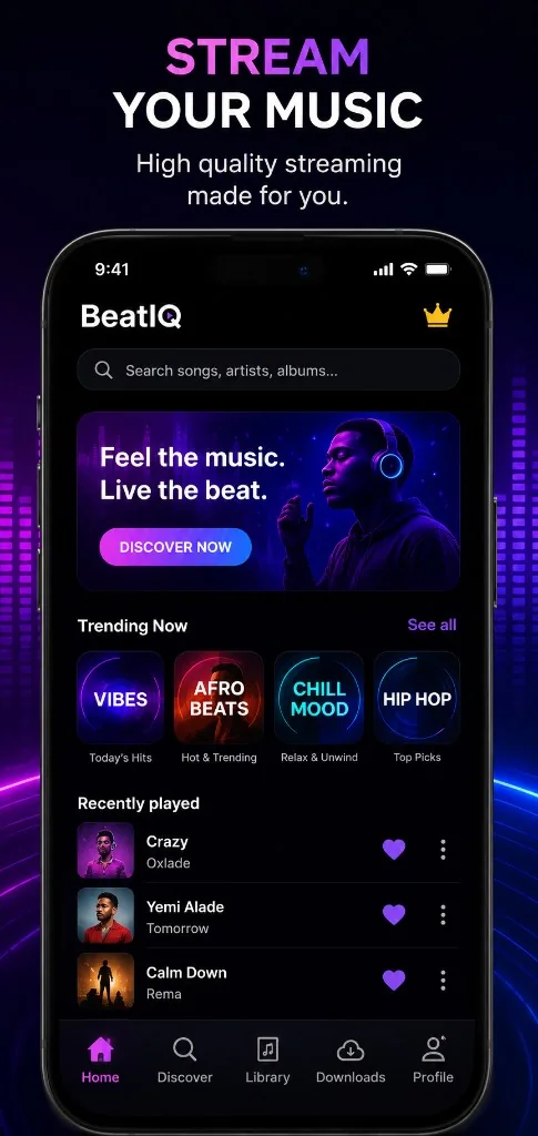 BeatIQ home screen showing streaming workspace, trending collections and recently played music