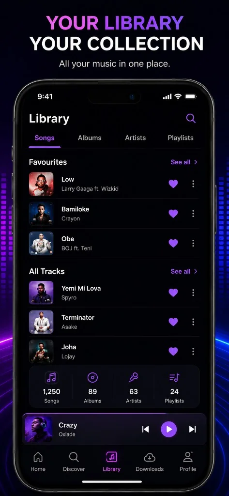 BeatIQ offline music library showing songs, favourites and collection organisation