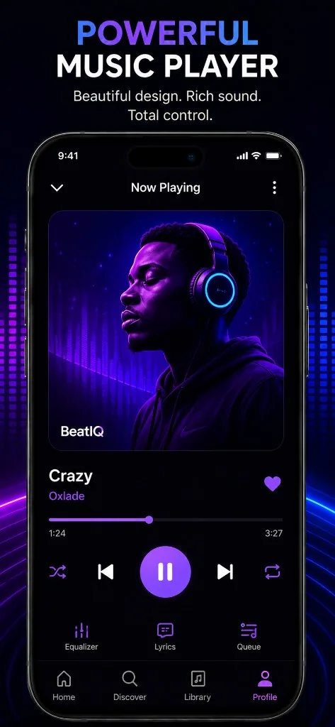 BeatIQ premium music player interface with now playing artwork and playback controls
