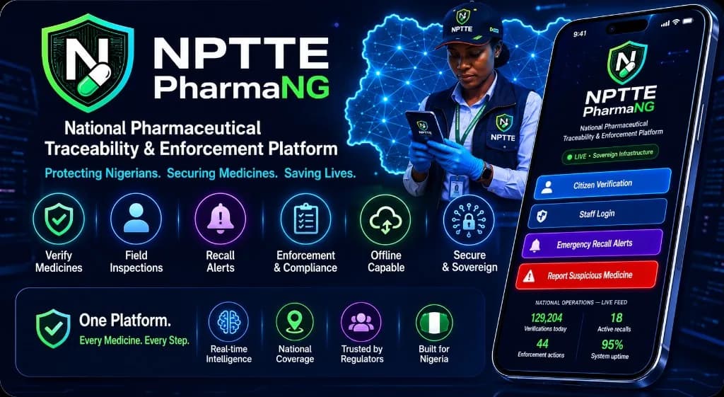 NPTTE PharmaNG national pharmaceutical platform banner showing field operations, Nigeria connectivity and mobile verification experience