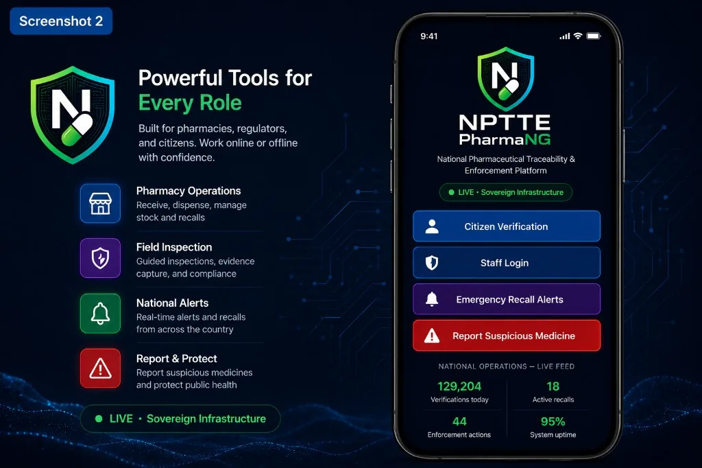 NPTTE PharmaNG smartphone interface with citizen verification, staff access, recall alerts and suspicious medicine reporting