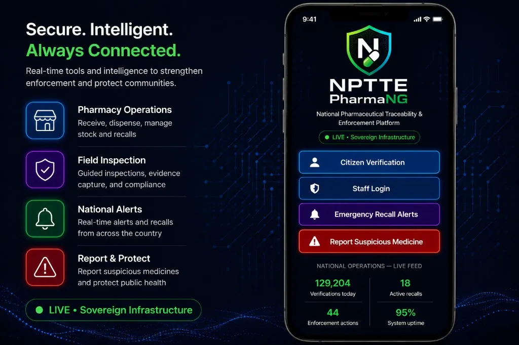 NPTTE PharmaNG feature overview for pharmacy operations, field inspection, national alerts and public reporting alongside the mobile platform
